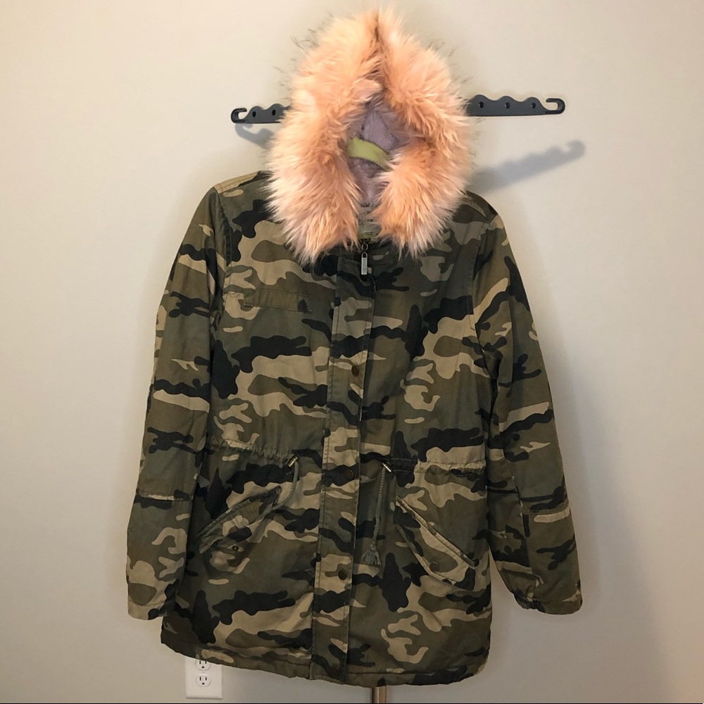 Army fatigue faux fur hood parka jacket